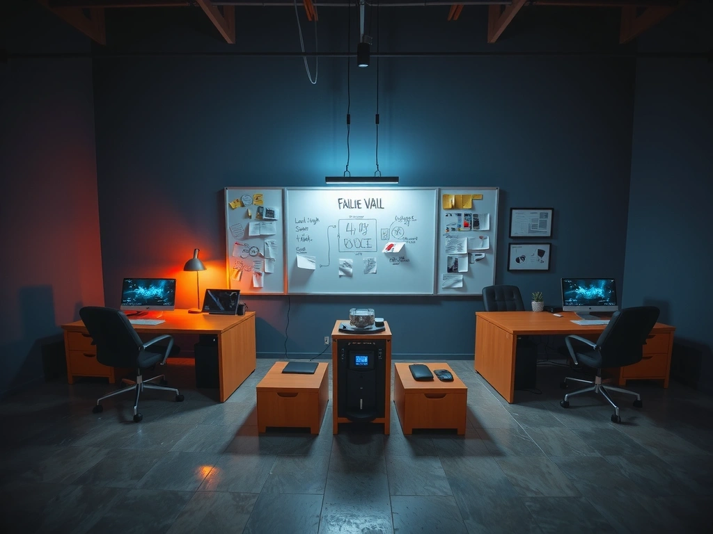 A stylized, wide shot of a modern game dev studio interior, focusing on creative clutter and workspaces.