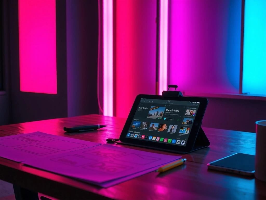 Design process workstation with wireframes and assets