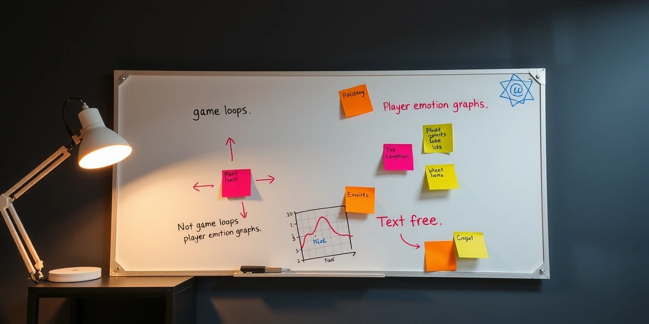 Whiteboard with game design diagrams