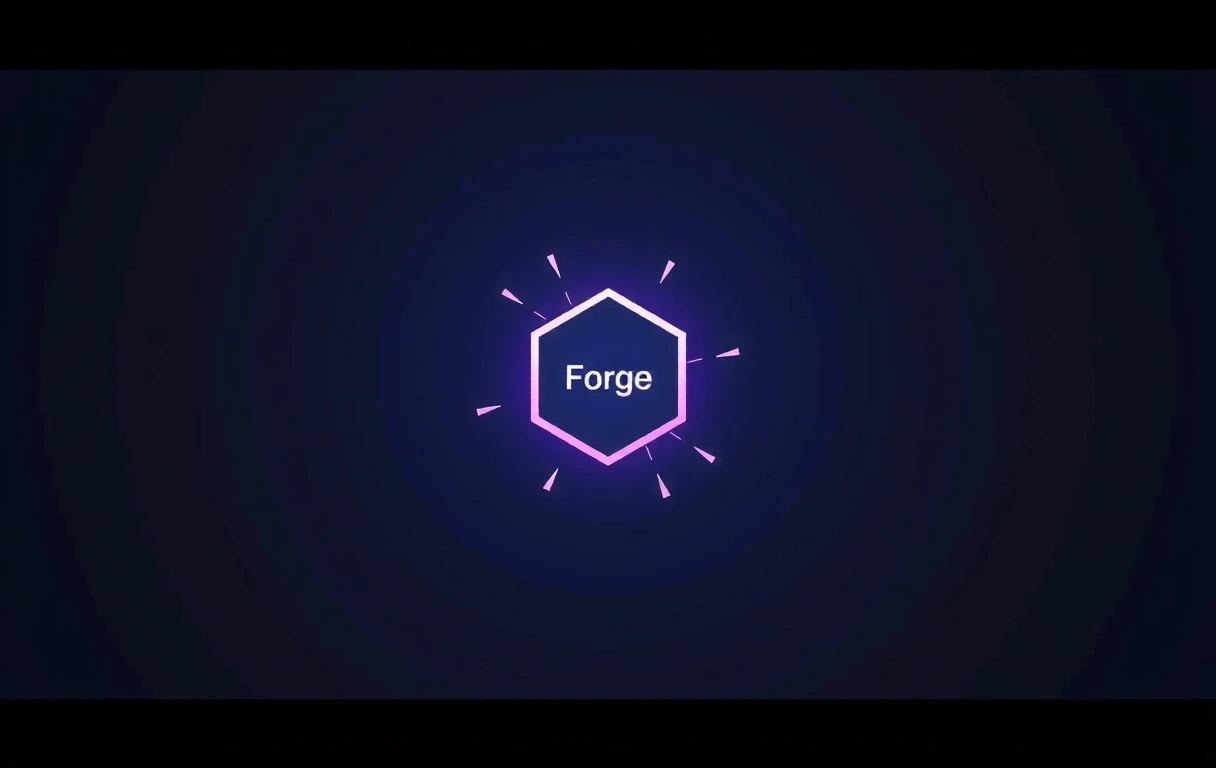 Aether Forge main menu showing a glowing hexagonal forge button on a dark gradient background.